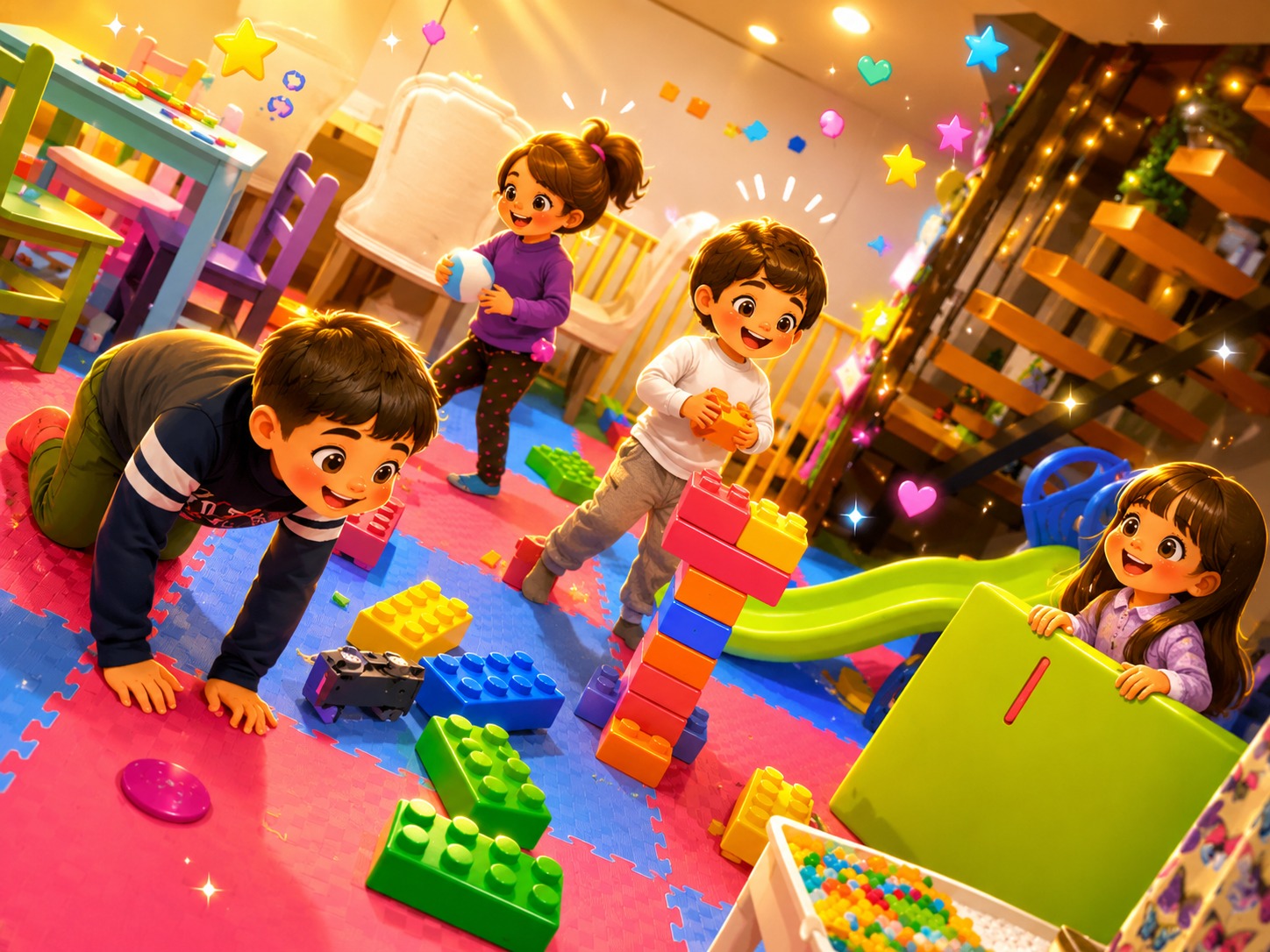 Niños jugando con bloques y en resbalín