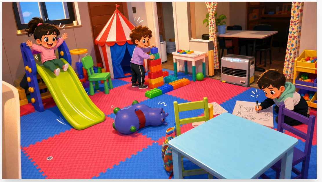 Área de juegos con resbalín y carpas